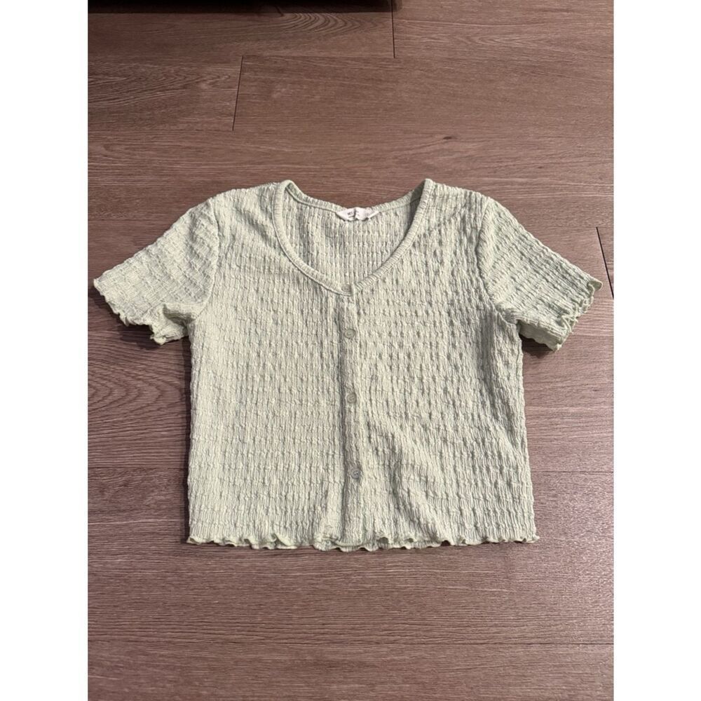 Nordstrom Light Mint Textured Short Sleeve Button Crop Top